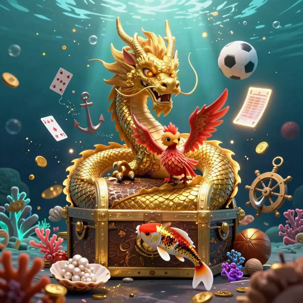 Golden dragon, phoenix and koi amid coins and coral in a dark teal underwater casino cove.
