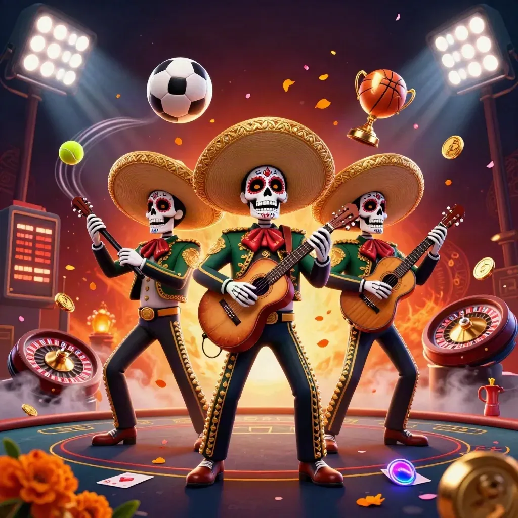 Three skeleton mariachi performers amid casino props, gold light, embers, and spinning roulette.