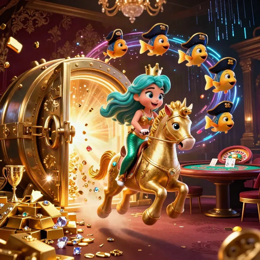 Mermaid princess rides armored seahorse amid gold vault glow, casino lux and neon energy.
