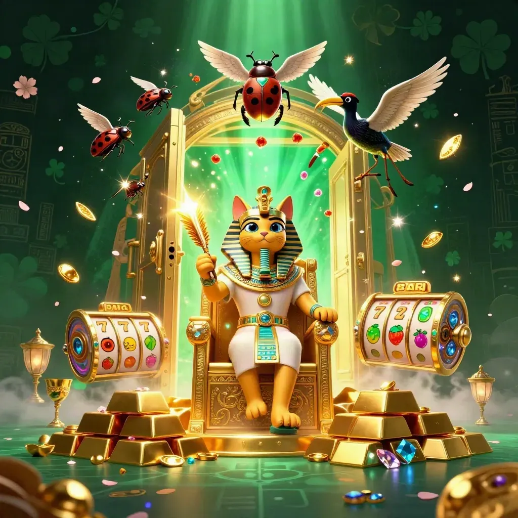 Egyptian pharaoh cat, ibis scribe and gem-winged scarabs burst from a glowing vault door.