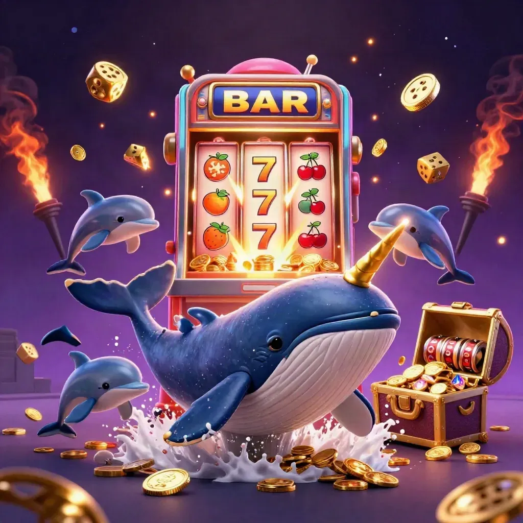 Whale captain, narwhal, and dolphins burst through coins with a glowing slot machine and treasure.