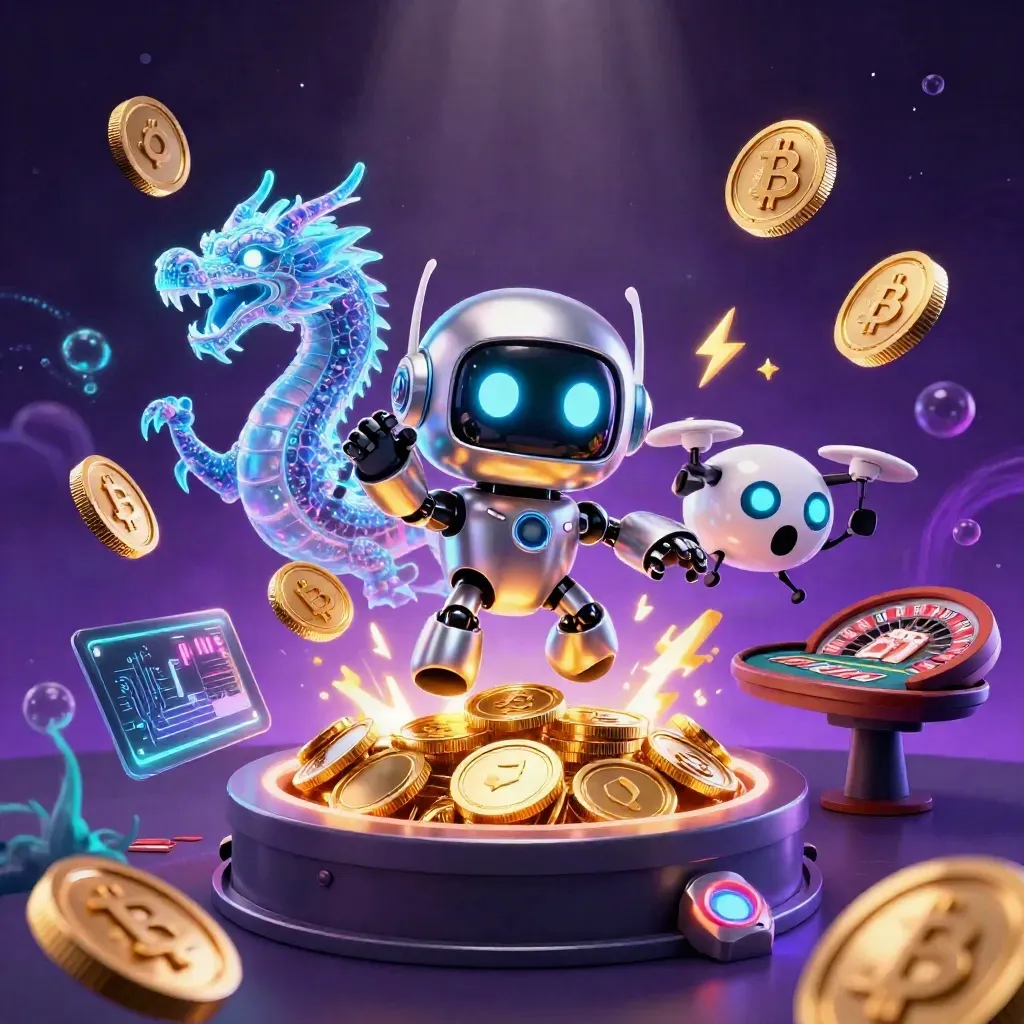 Robot mascot, digital dragon and coin drone amid vault coins, roulette wheel, cards and neon effects.