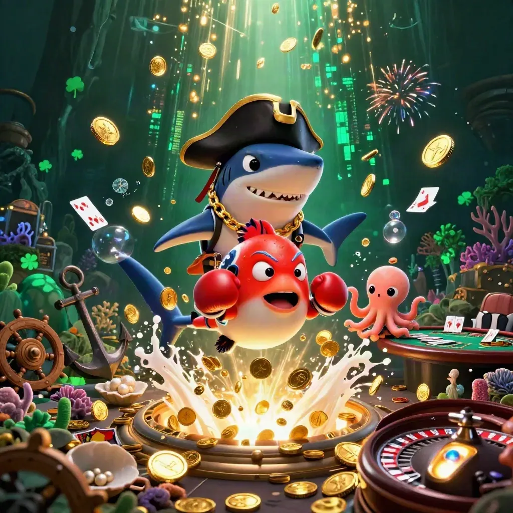 Shark captain, pufferfish, and octopus amid coins, coral, roulette wheel, and casino treasure glow.