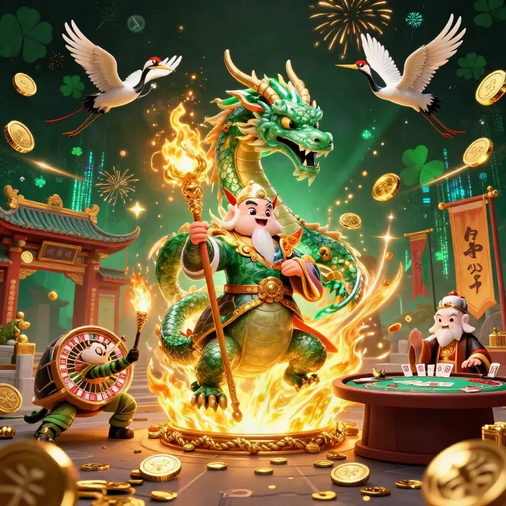 Emerald dragon, turtle sage, and ribbon cranes amid casino treasures, coins, fireworks, and neon glow.