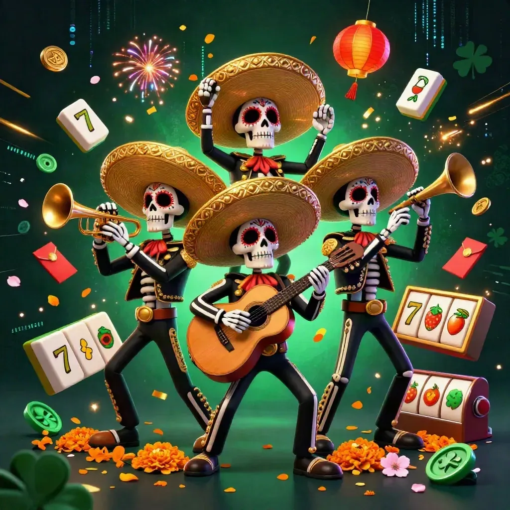 Jade-lit mariachi skeleton trio amid casino icons, marigolds, neon bolts, and dark emerald luxe glow